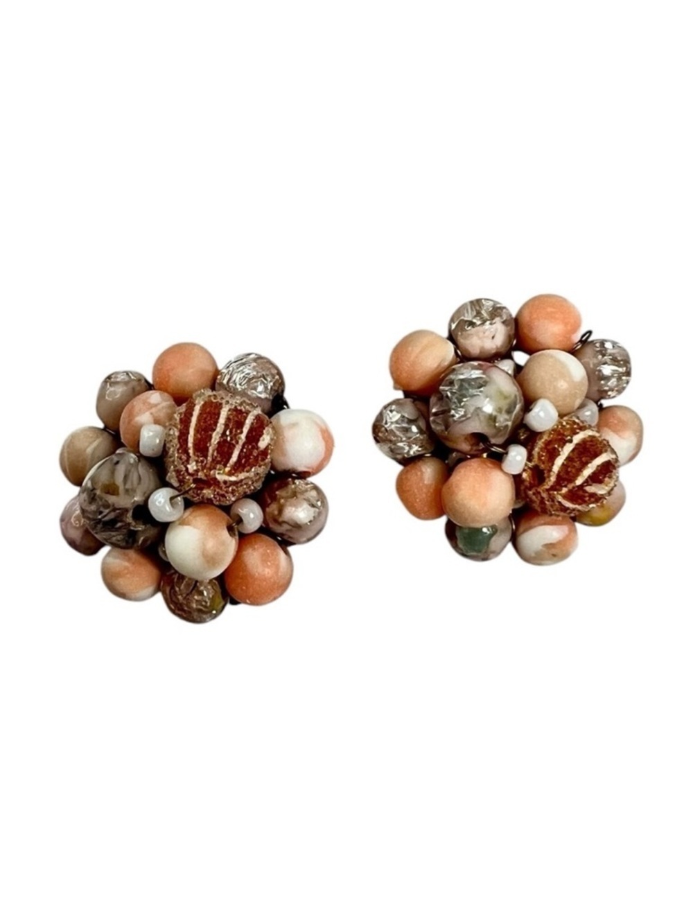 Vintage Beaded Cluster Clip On Earrings Pink Peach Cream Retro Made In Japan